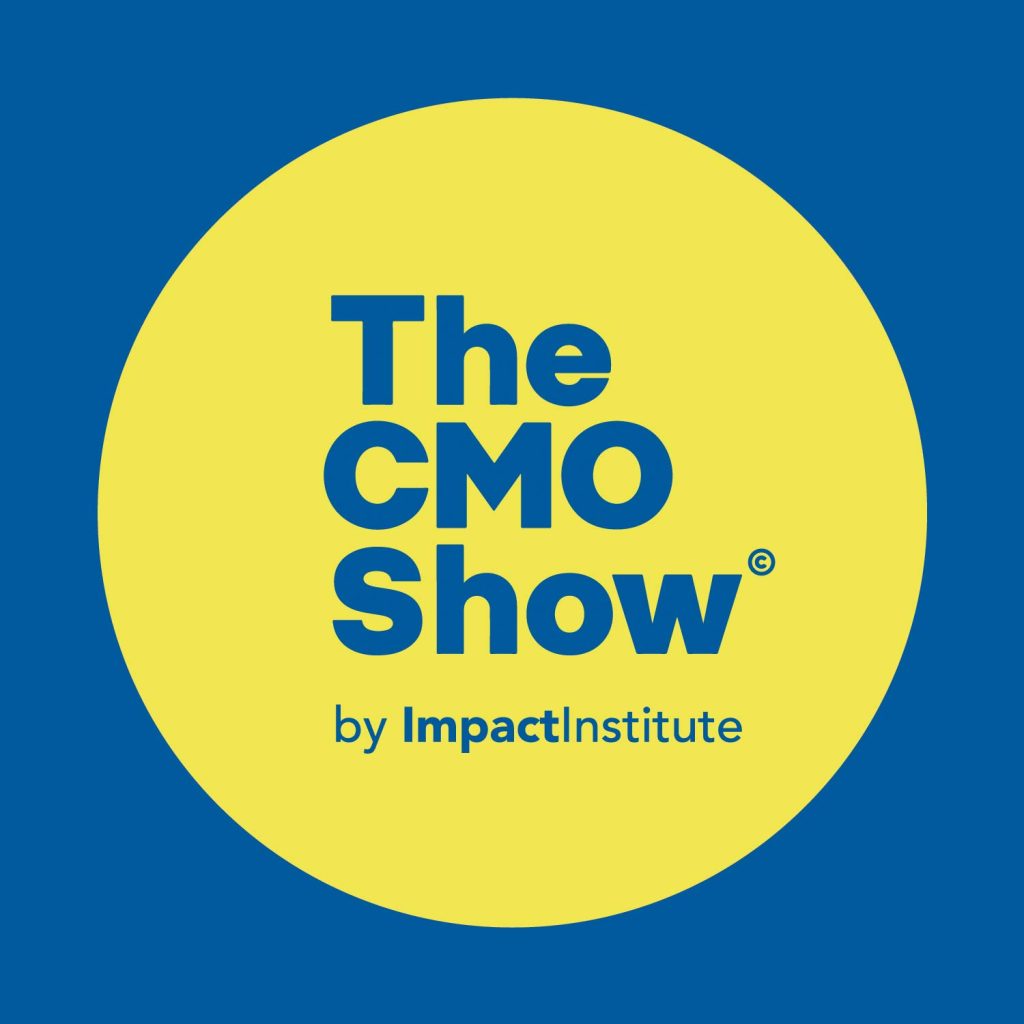 A yellow circle in blue box, with the words the CMO show by ImpactIntitute
